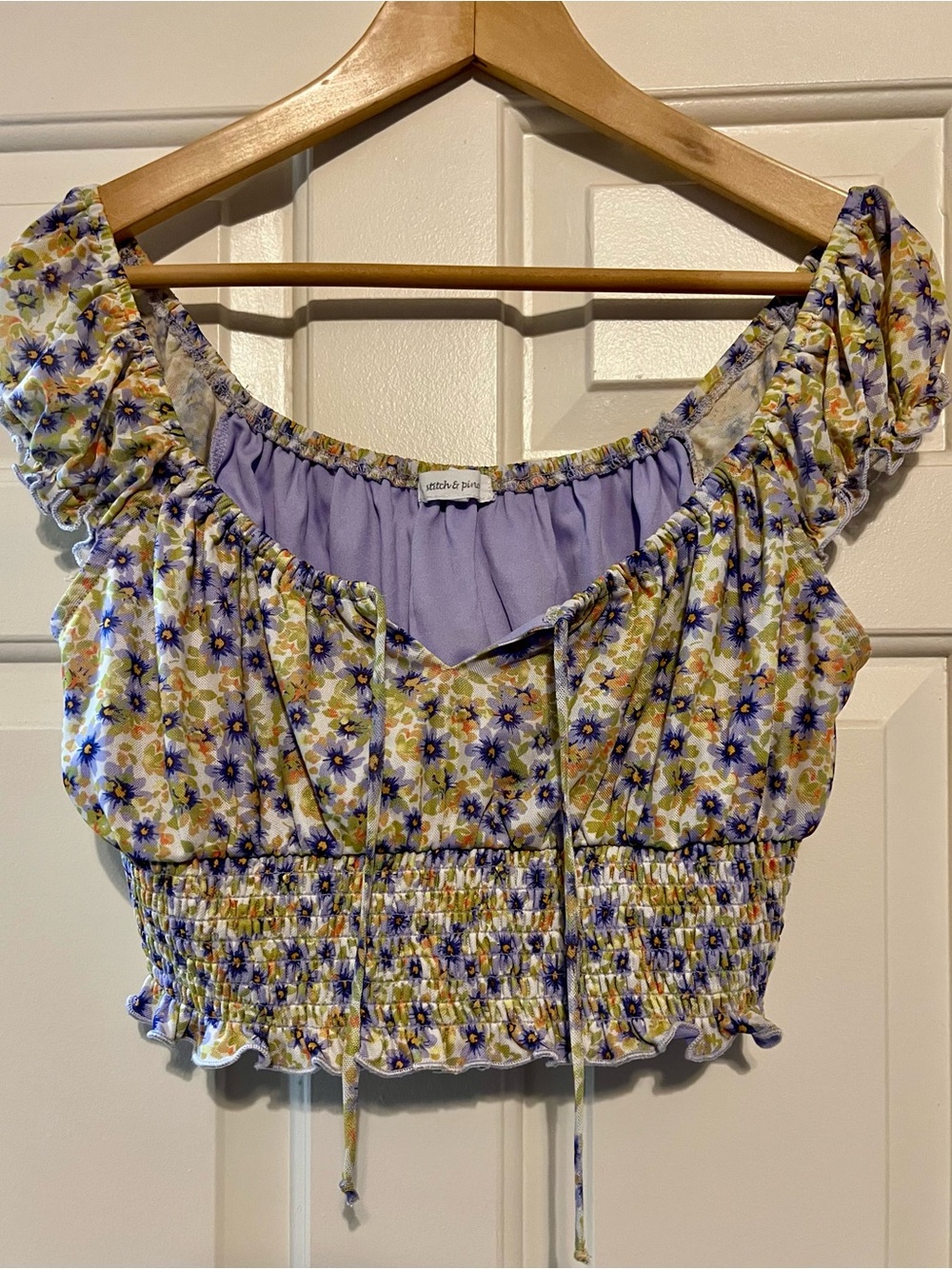 Stitch & Pine Purple Floral Smocked Milkmaid Crop Top - Size M
